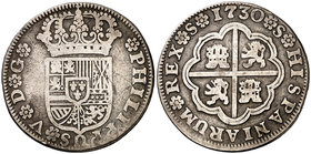 1730. Felipe V. Sevilla. 2 reales. (Cal. 1430). 5,47 g. Sin indicación de valor ni de ensayador. Escasa. MBC-.