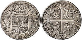 1734. Felipe V. Sevilla. PA. 2 reales. (Cal. 1434). 5,50 g. Leves golpecitos. Ex Áureo 20/01/1998, nº 1140. MBC+/MBC.