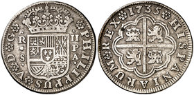 1735. Felipe V. Sevilla. PA. 2 reales. (Cal. 1435). 5,49 g. MBC/MBC-.