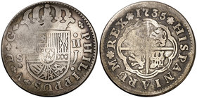 1735. Felipe V. Sevilla. J. 2 reales. (Barrera falta). 4,70 g. Falsa de época de ensayador imposible. BC.