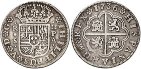 1736. Felipe V. Sevilla. PA. 2 reales. (Cal. 1437). 5,74 g. Escasa. MBC+/MBC.