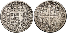 1736. Felipe V. Sevilla. AP. 2 reales. (Cal. 1438). 5,67 g. MBC/MBC-.
