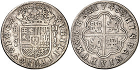 1745. Felipe V. Sevilla. PJ. 2 reales. (Cal. 1441). 5,71 g. Ex Colección de 2 reales y 2 escudos, Áureo 09/04/2003, nº 244. Ex Áureo 26/01/2005, nº 65...
