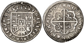 1708. Felipe V. Valencia. F. 2 reales. (Cal. 1443). 5,92 g. Punto entre V y F. Leves rayitas de acuñación. Buen ejemplar. Muy rara. MBC+.