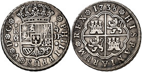 1738. Felipe V. Madrid. JF. 4 reales. (Cal. 1005). 13,30 g. Ex Colección Canarias, Áureo 03/04/2001, nº 53. Escasa. MBC+/MBC.