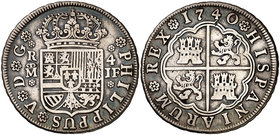 1740. Felipe V. Madrid. JF. 4 reales. (Cal. 1006). 12,90 g. Ex Áureo 17/09/1996, nº 621. Escasa. MBC/MBC-.