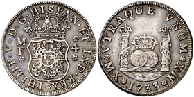 1733. Felipe V. México. MF. 4 reales. (Cal. 1041). 13,25 g. Columnario. Marca de ceca: MX. Mínimas rayitas y golpecitos. Preciosa pátina. Rarísima y m...