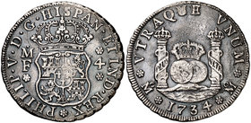 1734/3. Felipe V. México. MF. 4 reales. (Cal. 1046). 13,04 g. Columnario. Oxidaciones limpiadas. Ex Áureo 21/05/1996, nº 614. Rara. (MBC+).