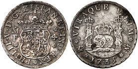 1735. Felipe V. México. MF. 4 reales. (Cal. 1049). 12,65 g. Columnario. Oxidaciones. Rara. (MBC+).