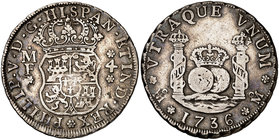 1736. Felipe V. México. MF. 4 reales. (Cal. 1050). 13,34 g. Columnario. Rara. MBC-.