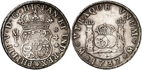 1737. Felipe V. México. MF. 4 reales. (Cal. 1052). 13,32 g. Columnario. Leves rayitas. Buen ejemplar. Rara y más así. MBC+.