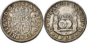 1738. Felipe V. México. MF. 4 reales. (Cal. 1054). 13,32 g. Columnario. Leves rayitas. Pátina. Atractiva. Rara y más así. MBC+.