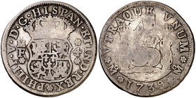 1739. Felipe V. México. MF. 4 reales. (Cal. 1055). 12,58 g. Columnario. Rayitas. Rara. BC/BC-.