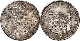 1740/30. Felipe V. México. MF. 4 reales. (Cal. 1056). 13,40 g. Columnario. Reparación en pequeña zona del anverso. Precioso color. Rara. (EBC).