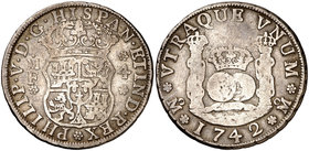 1742. Felipe V. México. MF. 4 reales. (Cal. 1059). 13,05 g. Columnario. Rara. MBC-.