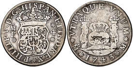 1743. Felipe V. México. MF. 4 reales. (Cal. 1061). 12,58 g. Columnario. Hojitas. Rara. BC.