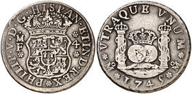1745. Felipe V. México. MF. 4 reales. (Cal. 1063). 13,11 g. Columnario. Ex Áureo 17/09/1996, nº 622. Rara. MBC-.