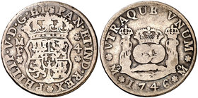 1746. Felipe V. México. MF. 4 reales. (Cal. 1064). 12,77 g. Columnario. Rara. BC+.