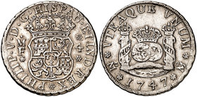 1747. Felipe V. México. MF. 4 reales. (Cal. 1065). 13,38 g. Columnario. Buen ejemplar. Parte de brillo orginal. Rara y más así. EBC-/MBC+.