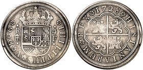 1728. Felipe V. Segovia. F. 4 reales. (Cal. 1136). 12,64 g. Acuñación algo floja. Rara. MBC/MBC-.