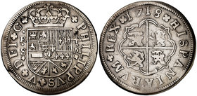 1718. Felipe V. Sevilla. M. 4 reales. (Cal. 1144). 10,10 g. El 4 del valor girado. Golpecitos. MBC/MBC-.