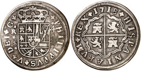 1718. Felipe V. Sevilla. M. 4 reales. (Cal. 1145). 10,82 g. Armas de Borgoña y de Austria intercambiadas. MBC.
