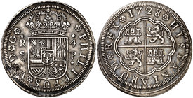 1728. Felipe V. Sevilla. P. 4 reales. (Cal. 1149). 13,36 g. Flan grande. Golpecito. Buen ejemplar. Rara. MBC+.