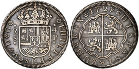 1729. Felipe V. Sevilla. P. 4 reales. (Cal. 1150). 12,89 g. Rayitas. Golpecito en el canto en reverso. Pátina oscura. Buen ejemplar. Ex Colección Vigo...