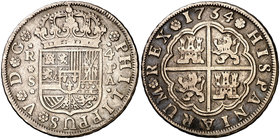 1734. Felipe V. Sevilla. PA. 4 reales. (Cal. 1155). 13,03 g. Bonita pátina. Ex Áureo 16/10/1996, nº 2322. Muy rara, sólo hemos tenido 3 ejemplares. MB...