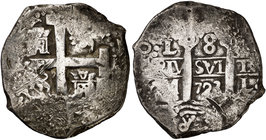1723. Felipe V. Lima. M. 8 reales. (Cal. 645). 26,10 g. Escasa. MBC-.