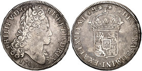 1709. Felipe V. Madrid. J. 8 reales. (Cal. 678). 26,71 g. Sin indicación de valor. Reverso no coincidente. Leves golpecitos. Rara. MBC/MBC+.