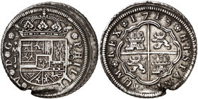 1713. Felipe V. Madrid. J. 8 reales. (Cal. 682a). 25,71 g. Canto con cordoncillo. Defecto de acuñación en canto. Algo descentrada. Atractiva. Muy rara...