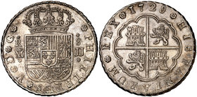 1729. Felipe V. Madrid. JJ. 8 reales. (Cal. 694). 26,95 g. Mínimas rayitas. Bella. Rara y más así. EBC-/EBC.