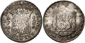 1733. Felipe V. México. F. 8 reales. (Cal. 772). 25,93 g. Columnario. Marca de ceca: MX. Procedente de un naufragio, presenta leves marcas de corrosió...