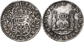 1733. Felipe V. México. F. 8 reales. (Cal. 775). 26,36 g. Columnario. Oxidaciones marinas limpiadas. Ex Colección Extremadura, Áureo 29/10/2002, nº 16...