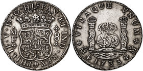 1733. Felipe V. México. MF. 8 reales. (Cal. 776). 25,67 g. Columnario. Oxidaciones marinas limpiadas. Ex Áureo 17/12/1997, nº 1604. Muy rara. (MBC+)....