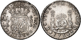 1734. Felipe V. México. MF. 8 reales. (Cal. 778). 26,89 g. Columnario. Mínima hojita en borde. Dos restos de soldadura en anverso. (MBC+).