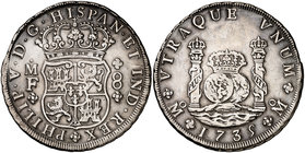 1735. Felipe V. México. MF. 8 reales. (Cal. 779). 26,89 g. Columnario. Limpiada. MBC.