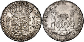 1736. Felipe V. México. MF. 8 reales. (Cal. 780). 26,98 g. Columnario. Leves marquitas. Atractiva. Escasa así. EBC-.