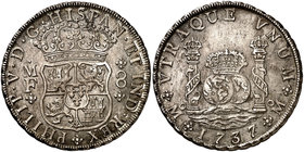 1737. Felipe V. México. MF. 8 reales. (Cal. 781). 27,04 g. Columnario. Leves impurezas. Bella. Preciosa pátina. Escasa así. EBC.