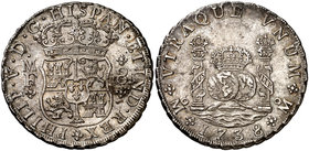 1738. Felipe V. México. MF. 8 reales. (Cal. 783). 27,05 g. Columnario. Leves sombras. Muy bella. Brillo original. Rara así. EBC+.