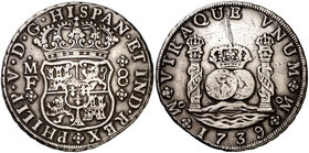 1739. Felipe V. México. MF. 8 reales. (Cal. 787). 26,75 g. Columnario. Rayitas. MBC-.