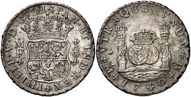 1740. Felipe V. México. MF. 8 reales. (Cal. 790). 26,81 g. Columnario. Leves rayitas. Plata ligeramente agria. MBC+.