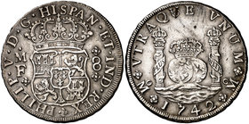1742. Felipe V. México. MF. 8 reales. (Cal. 793). 26,83 g. Columnario. Rayitas. MBC+/MBC.