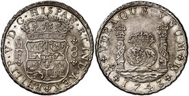 1743. Felipe V. México. MF. 8 reales. (Cal. 795). 26,93 g. Columnario. Muy bella. Gran parte de brillo original. Rara así. S/C-.