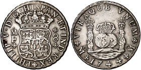 1744. Felipe V. México. MF. 8 reales. (Cal. 797). 26,79 g. Columnario. Leves golpecitos. MBC+.