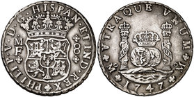 1747. Felipe V. México. MF. 8 reales. (Cal. 801). 26,95 g. Columnario. Buen ejemplar. Escasa. MBC+.