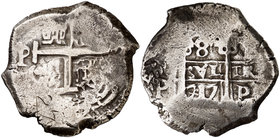 1717. Felipe V. Potosí. Y. 8 reales. (Cal. 877). 27,25 g. Doble fecha, una parcial. Rayitas. MBC-.