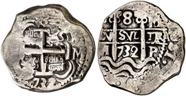 1732. Felipe V. Potosí. M. 8 reales. (Cal. 889). 21,09 g. Doble fecha. Buen ejemplar. MBC+/MBC.