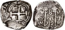 1739. Felipe V. Potosí. M. 8 reales. (Cal. 900). 26,82 g. Doble fecha. Rayita. MBC.